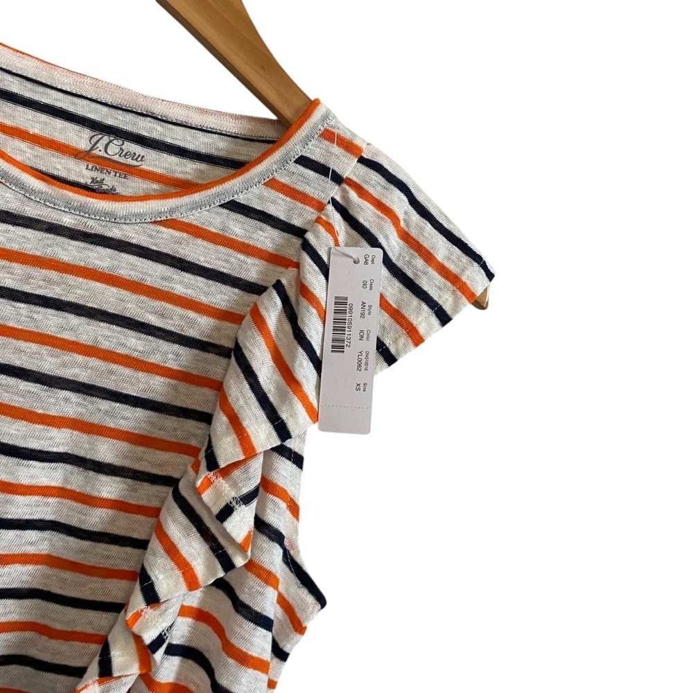 NWT J.Crew White Navy and Orange Stripe Ruffle Short Sleeve Linen Tee Size XS - Picture 3 of 6